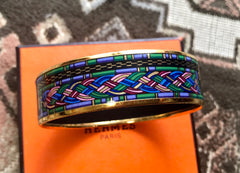 Vintage Hermes golden enamel and cloisonne bangle, bracelet with blue, purple, green etc. Scissors and woven tape motifs. 060426re