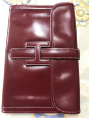 80's vintage HERMES jige, document case, dark wine, bordeaux boxcalf portfolio purse, iPad case. Classic and sophisticated style.