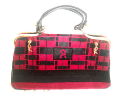 Vintage Roberta di Camerino wine red, grey, and black geometric pattern velvet handbag with golden logo charms.  060905r6