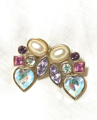 Vintage Yves Saint Laurent crystal and pearl earrings. YSL must have jewelry piece. Heart, pink, purple, pearl stones. 010312et