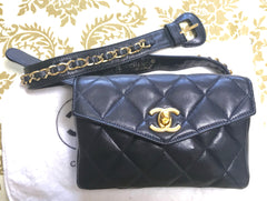 1980s. Vintage CHANEL black lamb leather belt bag, waist bag, fanny pack with golden chain belt & CC closure.  Belt size good for 23.8" through 26.2" (60.5-66.5cm)