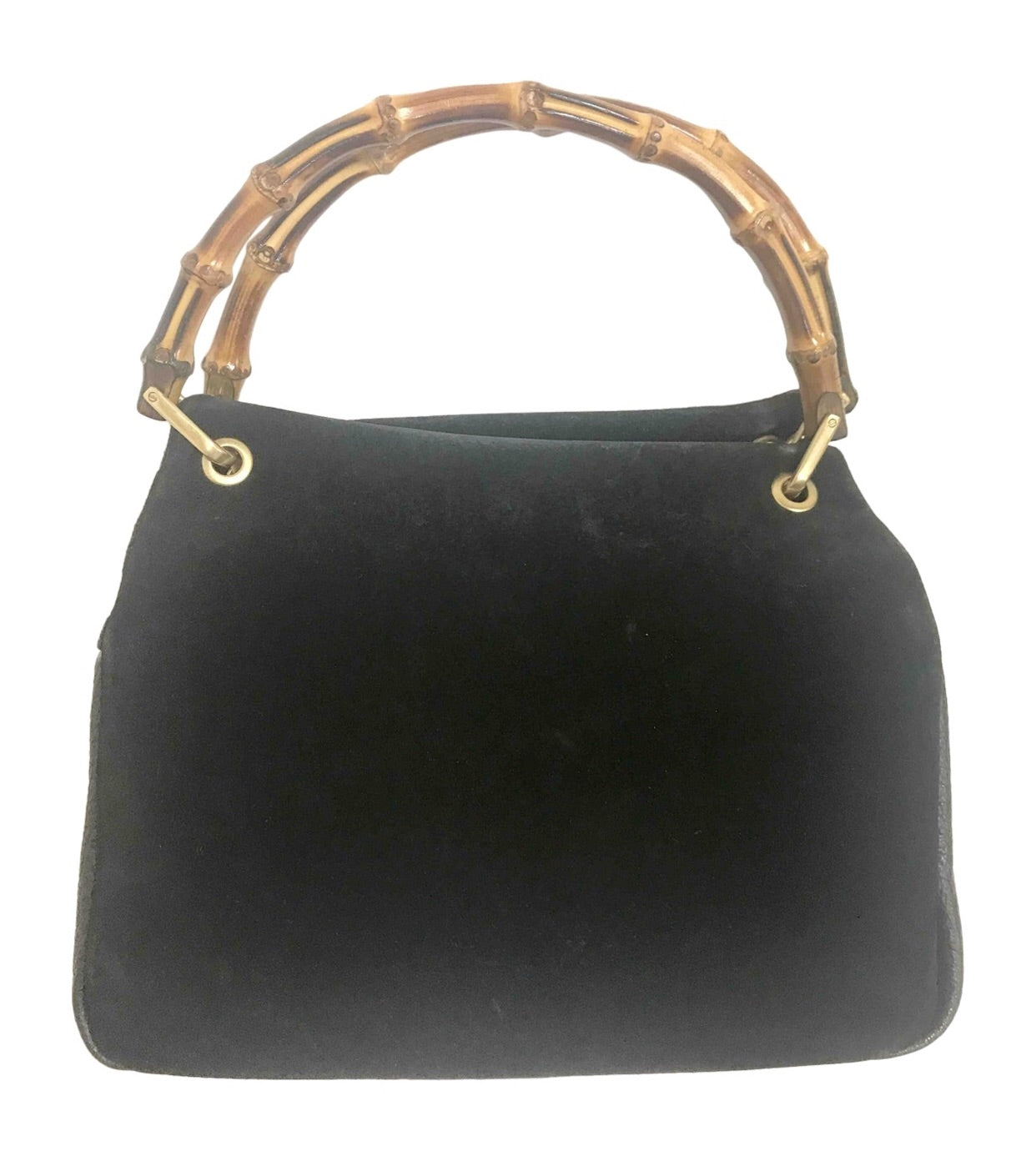 W4 Vintage Gucci black suede leather handbag with bamboo handles. Classic purse from Bamboo collection.