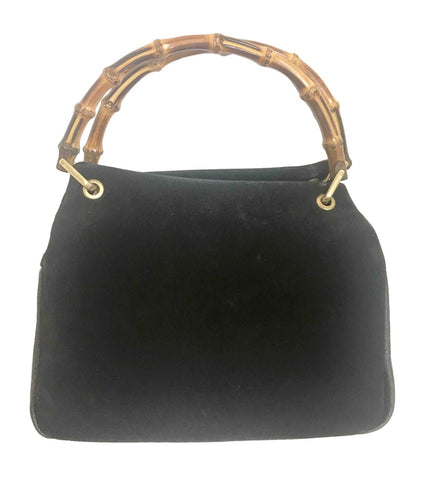 W4 Vintage Gucci black suede leather handbag with bamboo handles. Classic purse from Bamboo collection.
