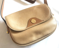 Vintage Christian Dior nude beige leather purse, shoulder bag with golden Dior motif. Classic purse. 0506286