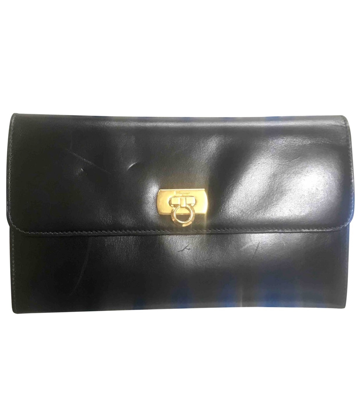 Vintage Salvatore Ferragamo Gancini black leather wallet with gold tone closure. Classic purse. 070203re1