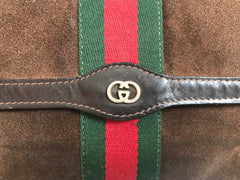 80's Vintage Gucci brown suede leather classic makeup, cosmetic, toiletry pouch, clutch purse  with green and red webbing. Gucci Parfums.