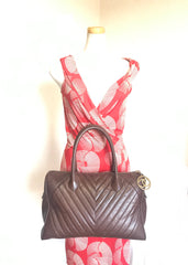 Vintage CHANEL brown caviarskin v stitch, chevron style bag, Speedy bag with golden CC charm. Classic purse for daily use.  060516re1