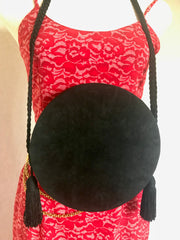 Vintage Nina Ricci black suede and green satin mix round shoulder bag with fringes and enamel star motif. Suzy Wong design. Collectible bag. 060616r3