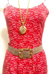 Vintage CHANEL taupe, cocoa brown color thick leather belt with gold tone chain buckle and CC stitch marks. Size for 24.5" thru 29"(63~74cm)
