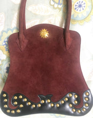 Vintage Christian Lacroix genuine wine brown suede leather sexy feminine shape bag with golden logo motif and studs.  Hot purse. 0602062