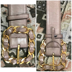 Vintage CHANEL taupe, cocoa brown color thick leather belt with gold tone chain buckle and CC stitch marks. Size for 24.5" thru 29"(63~74cm)