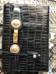 Vintage Gianni Versace black croc embossed leather Kelly style bag with Medallion Sunburst motifs. Gorgeous masterpiece. 050816f1