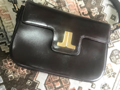 Vintage Lanvin dark brown leather elegant shoulder bag with iconic golden logo motif, Classic purse for daily use. 060620r1