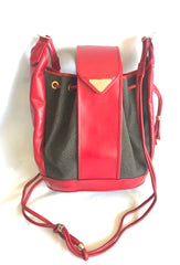Vintage Yves Saint Laurent  red and grey hobo bucket shoulder bag with leather trimmings and golden logo plate. YSL classic purse. 050323re6