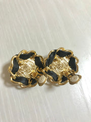 Vintage CHANEL earrings with golden CC, faux pearl, black leather and chain frame. Perfect Chanel jewelry. 050406r6