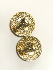 Vintage Gianni Versace round gold tone medusa face motif earrings. Must have Lady Gaga style jewelry piece. Great gift. 060523re3