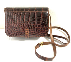 Vintage GUCCI brown crocodile leather shoulder bag with GG mark. Unisex. Rare masterpiece.