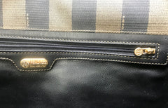 Vintage Fendi gray pecan stripe portfolio document bag, large clutch bag with black leather trimmings. Classic purse for unisex use.