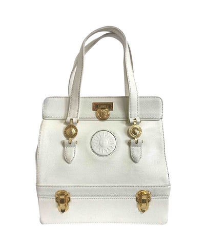 Vintage Gianni Versace ivory white caviar type leather birkin doctor's bag, handbag with jewelry case and golden sun burst motifs. 0512192