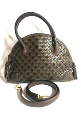 W4. Vintage Bottega Veneta brown, khaki, and black leather intrecciato bolide style handbag with tassel charms. Rare color purse. 050320r2