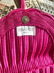 Vintage Nina Ricci hot pink tape fabric shoulder bag/clutch purse with Japanese obi motif and golden logo. So chic.