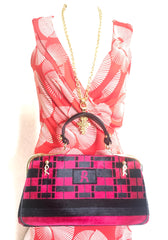Vintage Roberta di Camerino wine red, grey, and black geometric pattern velvet handbag with golden logo charms.  060905r6