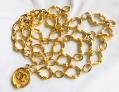 Vintage CHANEL nice and heavy thick golden chain belt with large CC motif charm. Double chain design at front. Gorgeous belt. 07610re4