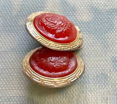 Vintage Gianni Versace orange candy earrings with gold tone frames and Medusa face. Rare jewelry piece. 0407283