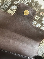 Vintage Lanvin dark brown leather elegant shoulder bag with iconic golden logo motif, Classic purse for daily use. 060620r1