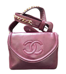 Vintage CHANEL wine fanny pack, leather belt bag with detachable chain belt and CC stitch mark on flap.  Fits 29.5" -32.6" 070502re2
