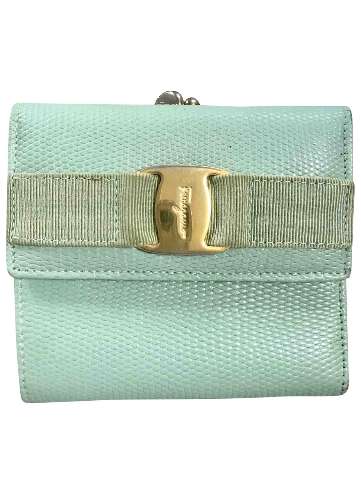 Vintage Salvatore Ferragamo blue lizard embossed leather wallet with gold tone vara motif. 05063012