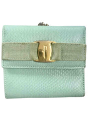 Vintage Salvatore Ferragamo blue lizard embossed leather wallet with gold tone vara motif. 05063012