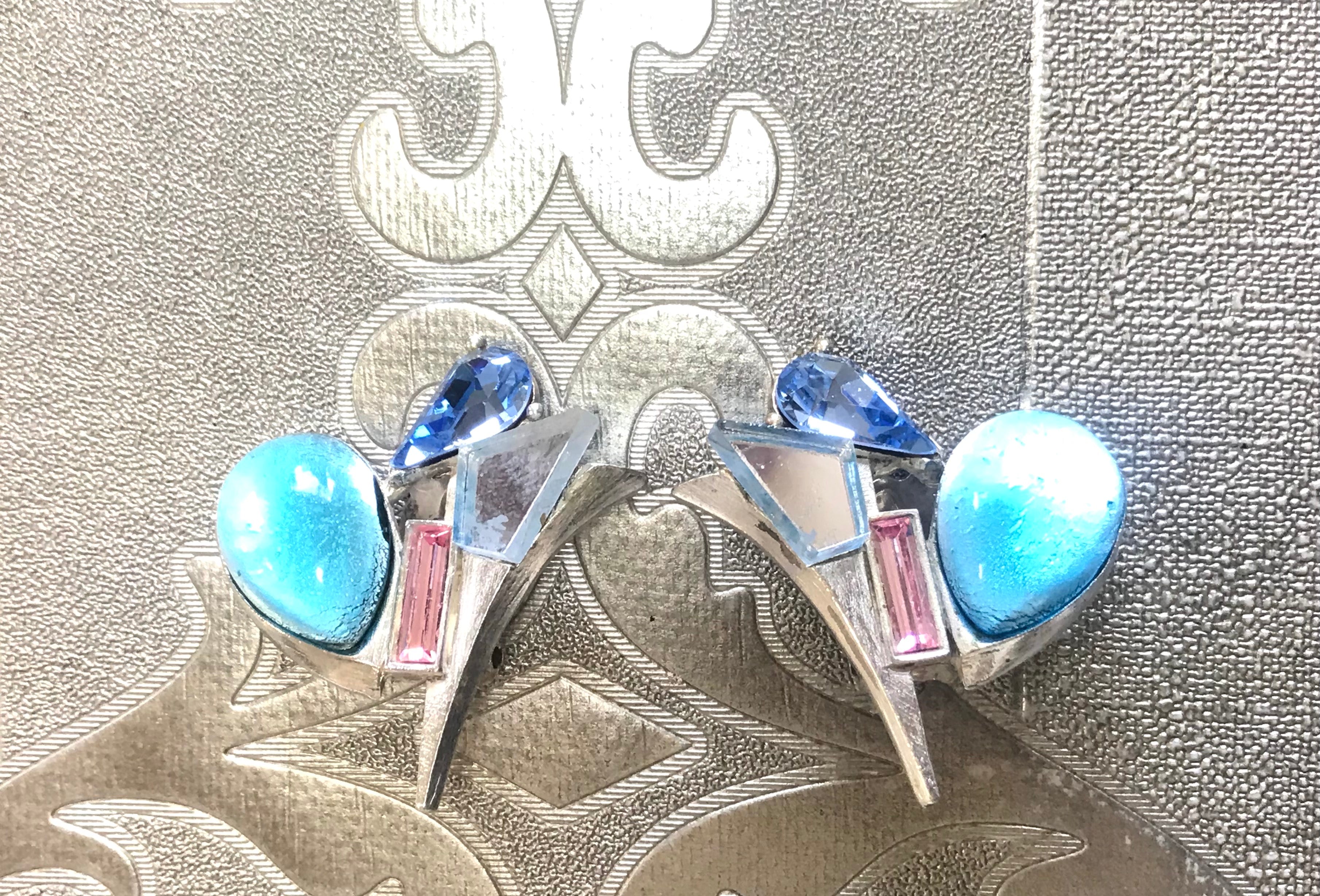 Vintage Christian Lacroix silver and blue earrings. Blue and pink crystal stones. Rare statement jewelry. Great gift.  0506302