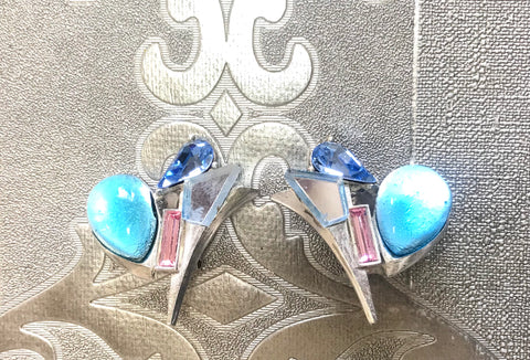 Vintage Christian Lacroix silver and blue earrings. Blue and pink crystal stones. Rare statement jewelry. Great gift.  0506302
