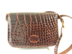 Vintage GUCCI brown crocodile leather shoulder bag with GG mark. Unisex. Rare masterpiece.