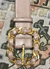 Vintage CHANEL taupe, cocoa brown color thick leather belt with gold tone chain buckle and CC stitch marks. Size for 24.5" thru 29"(63~74cm)