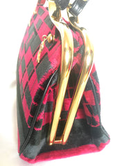 Vintage Roberta di Camerino wine red, grey, and black geometric pattern velvet handbag with golden logo charms.  060905r6