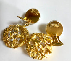 Vintage Salvatore Ferragamo white faux pearl dangle earrings with golden shoe design featured charm. Gorgesous jewelry.