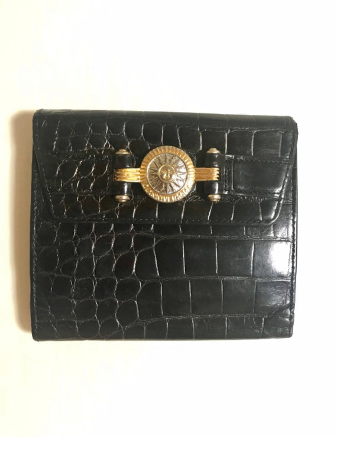 Vintage Gianni Versace black croc embossed leather wallet. Golden and silver Sunburst charm at front. Masterpiece for unisex use. 050407r8