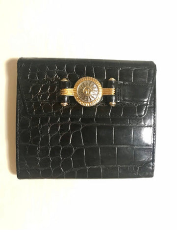 Vintage Gianni Versace black croc embossed leather wallet. Golden and silver Sunburst charm at front. Masterpiece for unisex use. 050407r8
