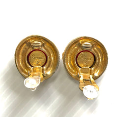 Vintage CHANEL golden frame and red round gripoix glass stone earrings with CC marks. Beautiful jewelry piece.