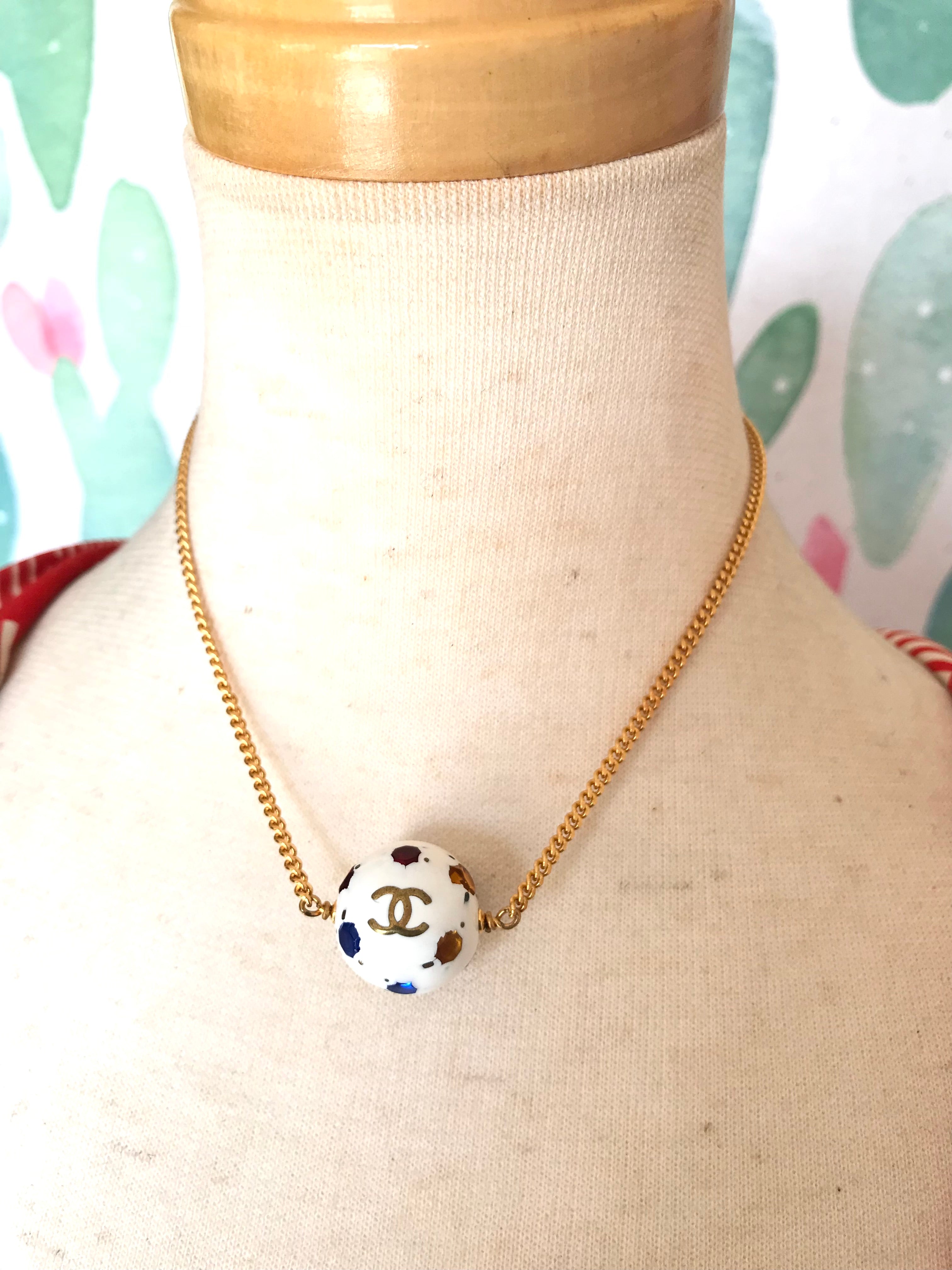 MINT. Vintage CHANEL skinny chain necklace with CC white ball and colorful stones. Perfect gift. Classic vintage jewelry. 070606re1
