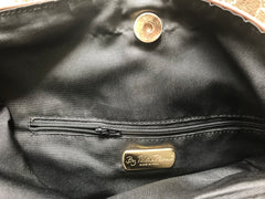 Vintage Paloma Picasso brown satin logo jacquard hobo shoulder bag with leather trimmings and golden logo charm. Classic bag for daily use.