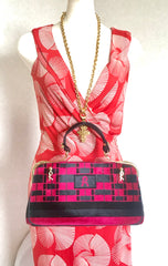 Vintage Roberta di Camerino wine red, grey, and black geometric pattern velvet handbag with golden logo charms.  060905r6
