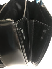 Vintage MOSCHINO black patent enamel Kelly style handbag with M logo and heart motifs. Masterpiece by Redwall. 050323re4