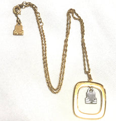 Vintage LANVIN golden skinny chain necklace with square and silver logo charm pendant top. Must have classic vintage jewelry piece. 050407r1