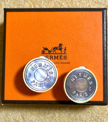 Vintage HERMES golden logo embossed genuine shell earrings. Classic jewelry piece. Bijouterie Fantaisie. Shines like aurora.