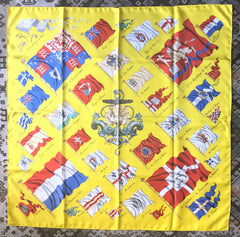 Vintage HERMES Carre large yellow silk scarf with red, blue, and white flag print. Best foulard.  PAVOIS.