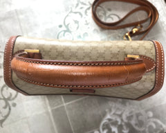 Vintage Celine beige macadam blaison handbag with brown leather trimming. Classic purse. Shoulder bag.