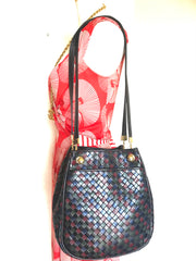 Vintage Bottega Veneta multicolor intrecciato woven lamb leather hobo shoulder bag. Brown, navy, khaki, and wine. Beautiful classic purse.